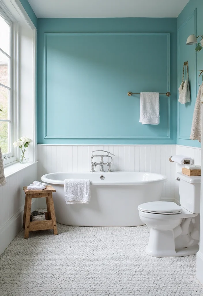 14 Penny Tile Bathroom Ideas With Texture - 10. Rustic White and Ocean Blue Combo
