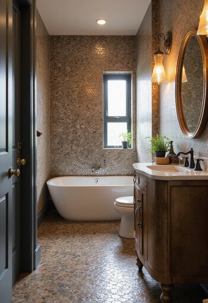 14 Penny Tile Bathroom Ideas With Texture - 11. Chic Mixed Metal Accents with Penny Tiles