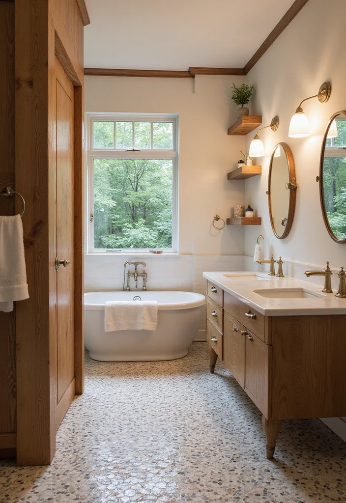 14 Penny Tile Bathroom Ideas With Texture - 12. Layered Textures with Penny Tiles and Wood