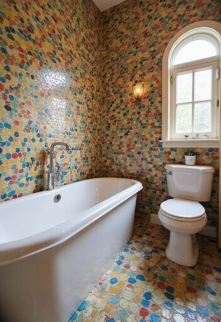 14 Penny Tile Bathroom Ideas With Texture - 14. Eclectic Mix of Colors and Shapes
