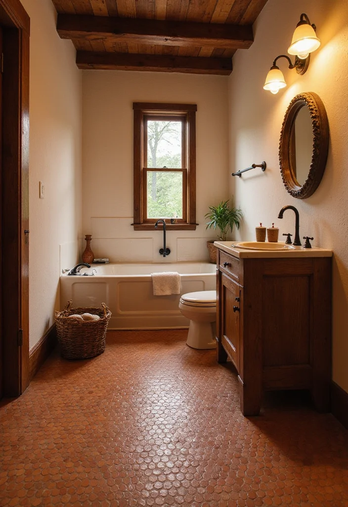 14 Penny Tile Bathroom Ideas With Texture - 5. Warm Terracotta Penny Tile Vibes