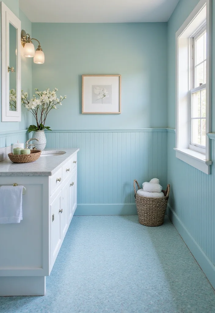 14 Penny Tile Bathroom Ideas With Texture - 6. Soft Blue Penny Tile Serenity