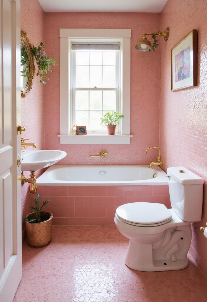 14 Penny Tile Bathroom Ideas With Texture - 7. Playful Pink Penny Tiles