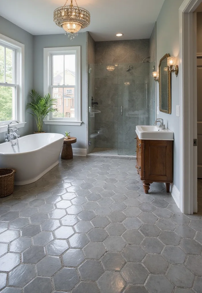 14 Penny Tile Bathroom Ideas With Texture - 9. Glossy Grey Penny Tile Sophistication