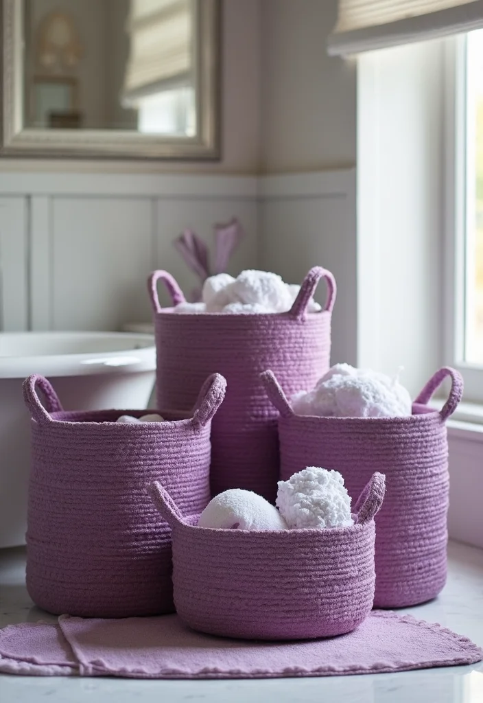 14 Purple Bathroom Accessories for a Chic Look - 4. Opulent Purple Storage Baskets