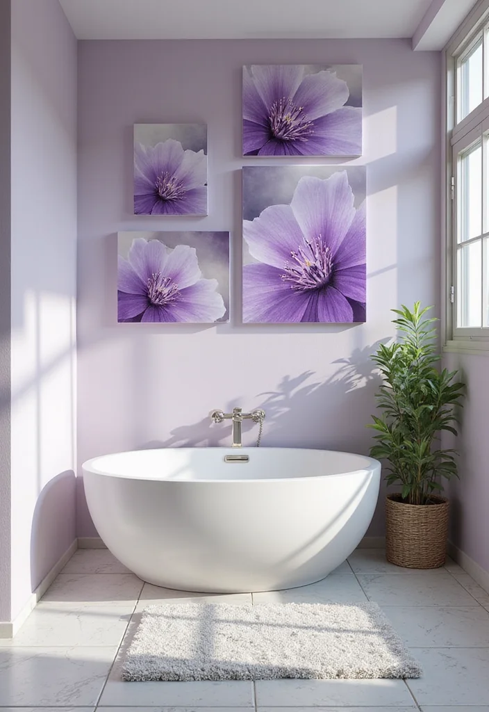14 Purple Bathroom Accessories for a Chic Look - 9. Decorative Purple Wall Art