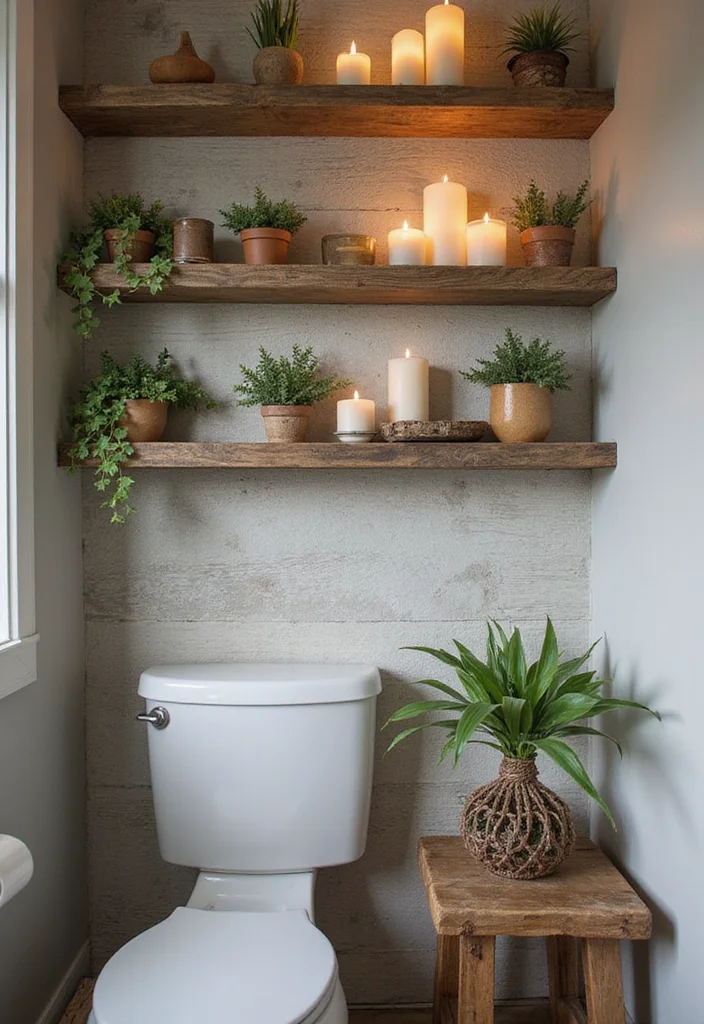 14 Rustic Small Bathroom Ideas With Cozy Touches - 1. Weathered Wood Shelves