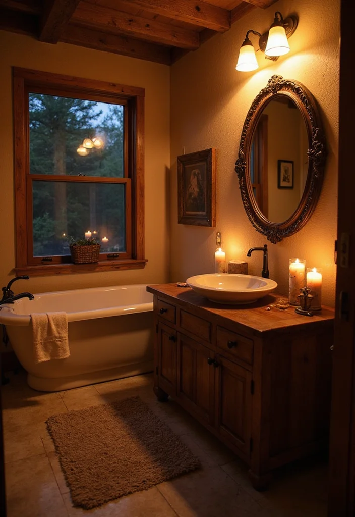 14 Rustic Small Bathroom Ideas With Cozy Touches - 7. Soft Lighting