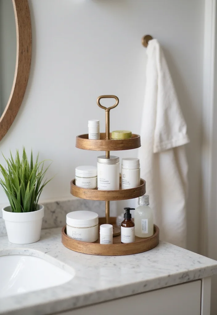 14 Small Bathroom Counter Ideas That Add Function - 1. Tiered Trays for Maximum Space Utilization