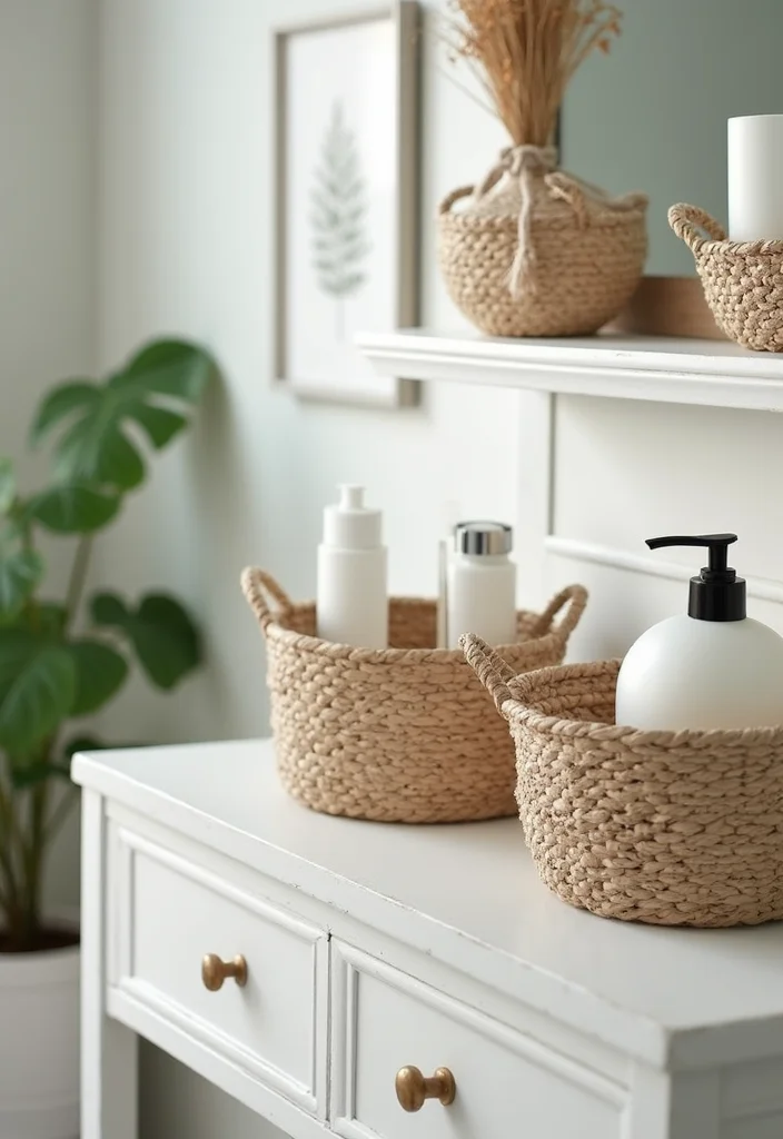 14 Small Bathroom Counter Ideas That Add Function - 4. Decorative Baskets for Chic Storage