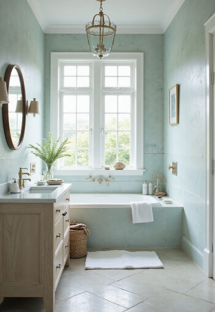 14 Stunning Blue Herringbone Tile Bathroom Designs - 1. Coastal Elegance with Soft Seafoam