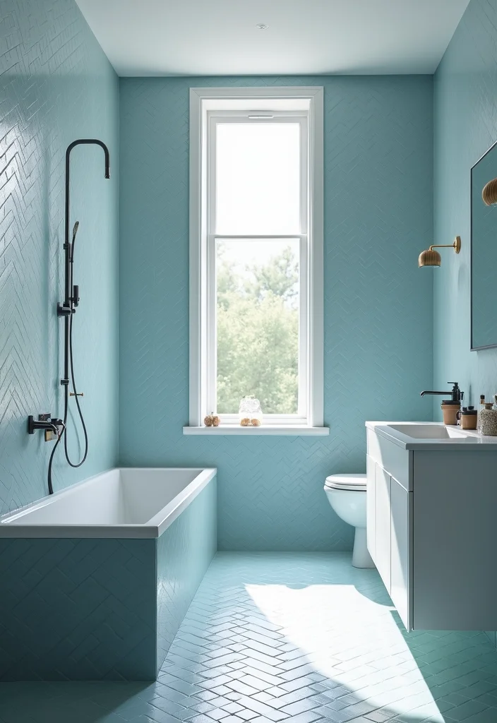 14 Stunning Blue Herringbone Tile Bathroom Designs - 10. Modern Minimalist with Blue Herringbone