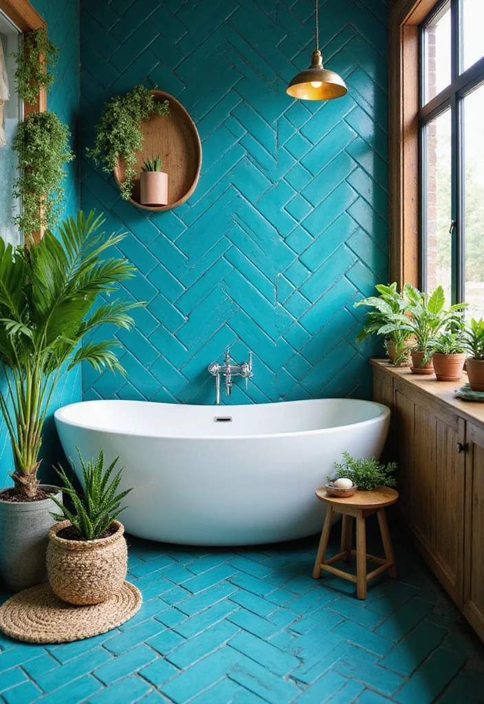 14 Stunning Blue Herringbone Tile Bathroom Designs - 11. Tropical Vibe with Bright Blue and Green