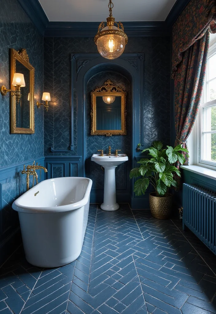 14 Stunning Blue Herringbone Tile Bathroom Designs - 12. Vintage Glam with Deep Blue