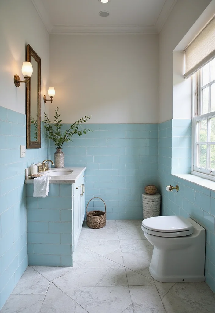 14 Stunning Blue Herringbone Tile Bathroom Designs - 13. Spa-like Serenity with Soft Blue and Neutral Tones