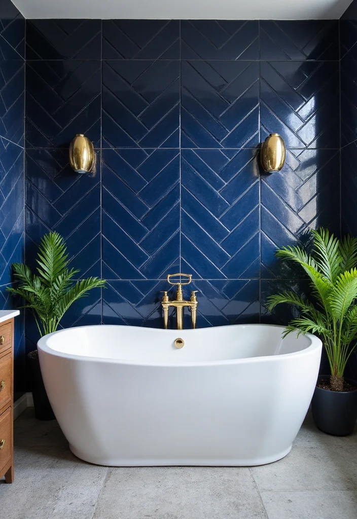 14 Stunning Blue Herringbone Tile Bathroom Designs - 2. Bold Navy with Gold Accents