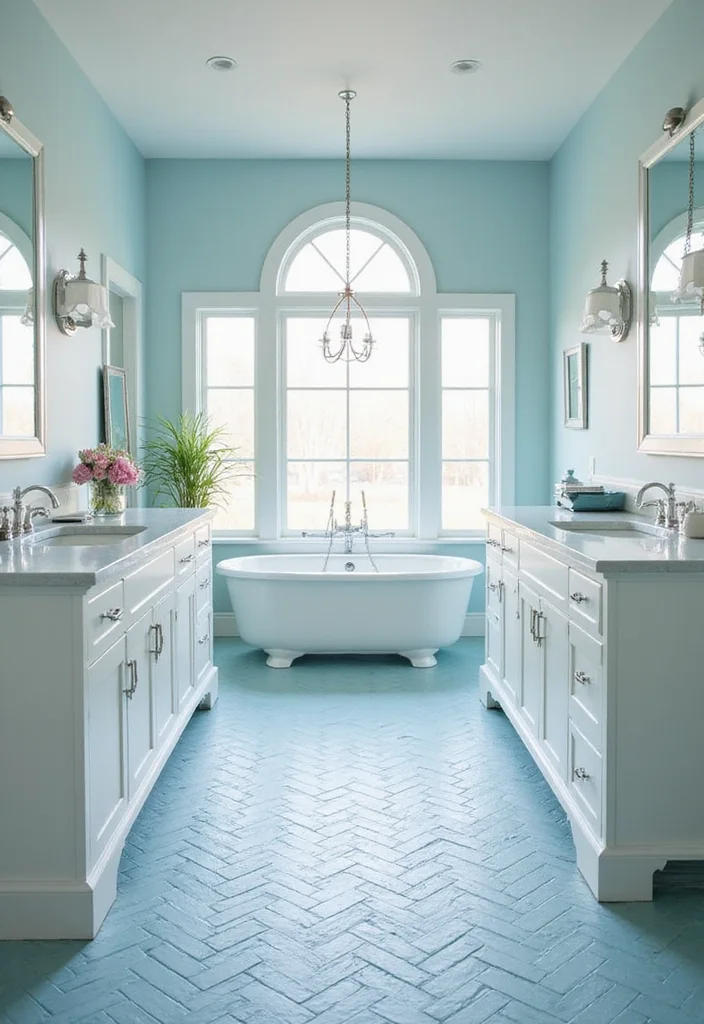 14 Stunning Blue Herringbone Tile Bathroom Designs - 3. Light and Airy with Sky Blue