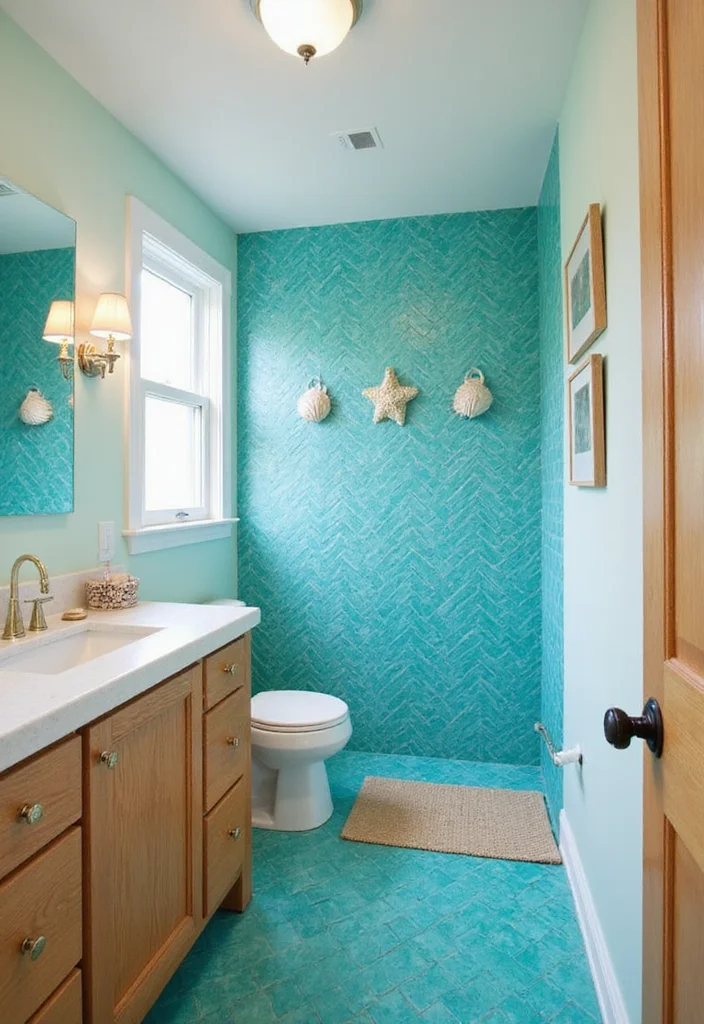 14 Stunning Blue Herringbone Tile Bathroom Designs - 4. Turquoise Bliss with Natural Wood