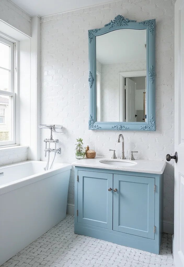 14 Stunning Blue Herringbone Tile Bathroom Designs - 5. Classic White with Blue Accents