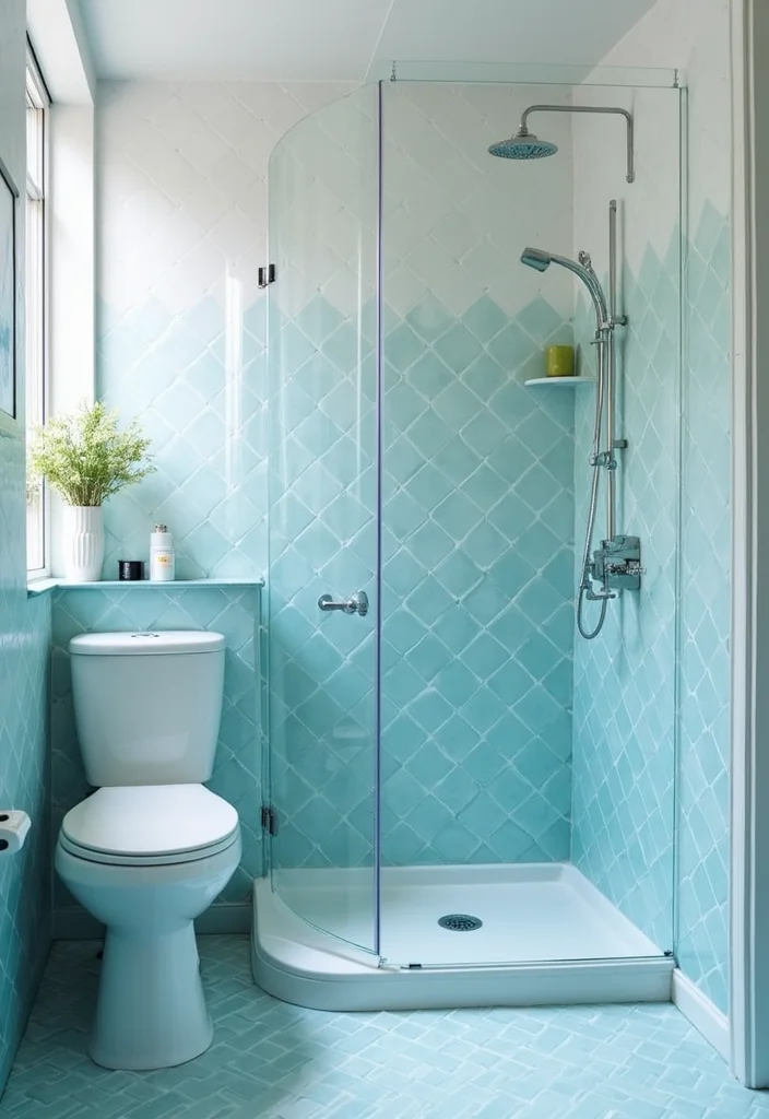 14 Stunning Blue Herringbone Tile Bathroom Designs - 6. Soft Blue Ombre Effect