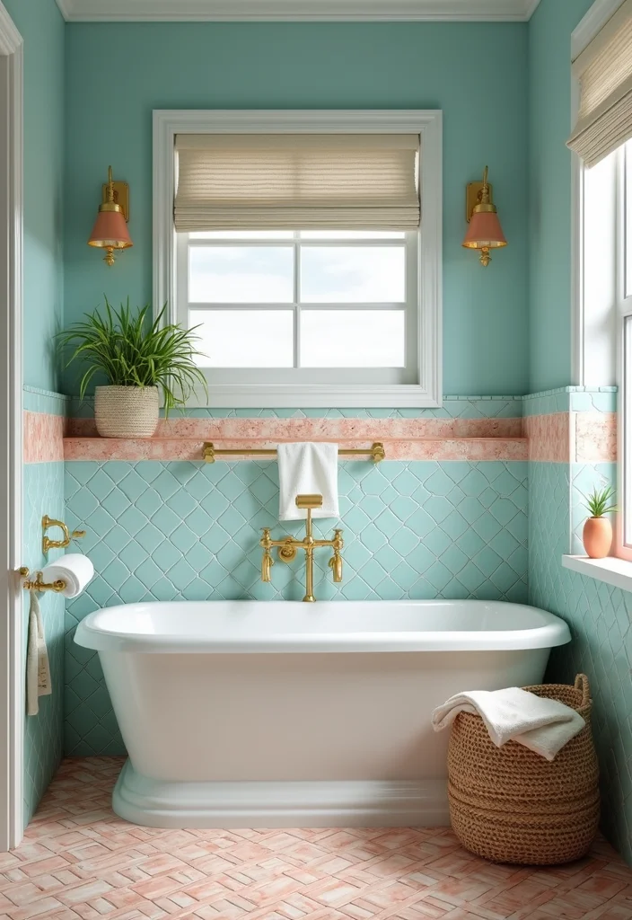 14 Stunning Blue Herringbone Tile Bathroom Designs - 7. Beachy Chic with Aqua and Coral