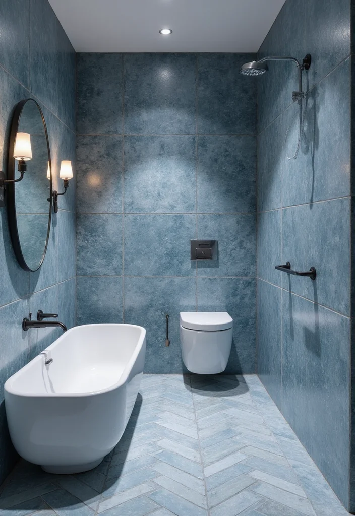 14 Stunning Blue Herringbone Tile Bathroom Designs - 8. Monochromatic Blue with Textured Patterns