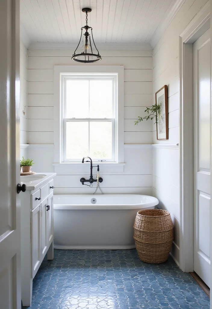 14 Stunning Blue Herringbone Tile Bathroom Designs - 9. Farmhouse Style with Blue and White