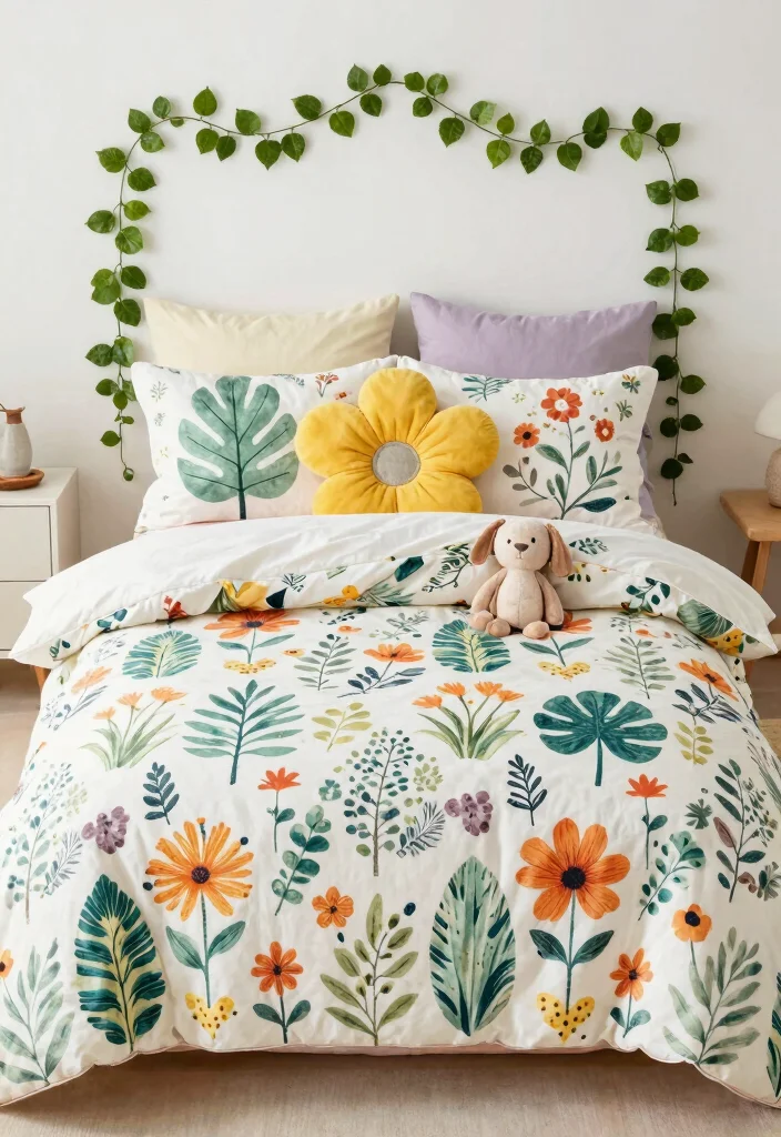 14 Toddler Girl Green Bedroom Ideas With Fresh Nature Vibes - 4. Playful Botanical Bedding