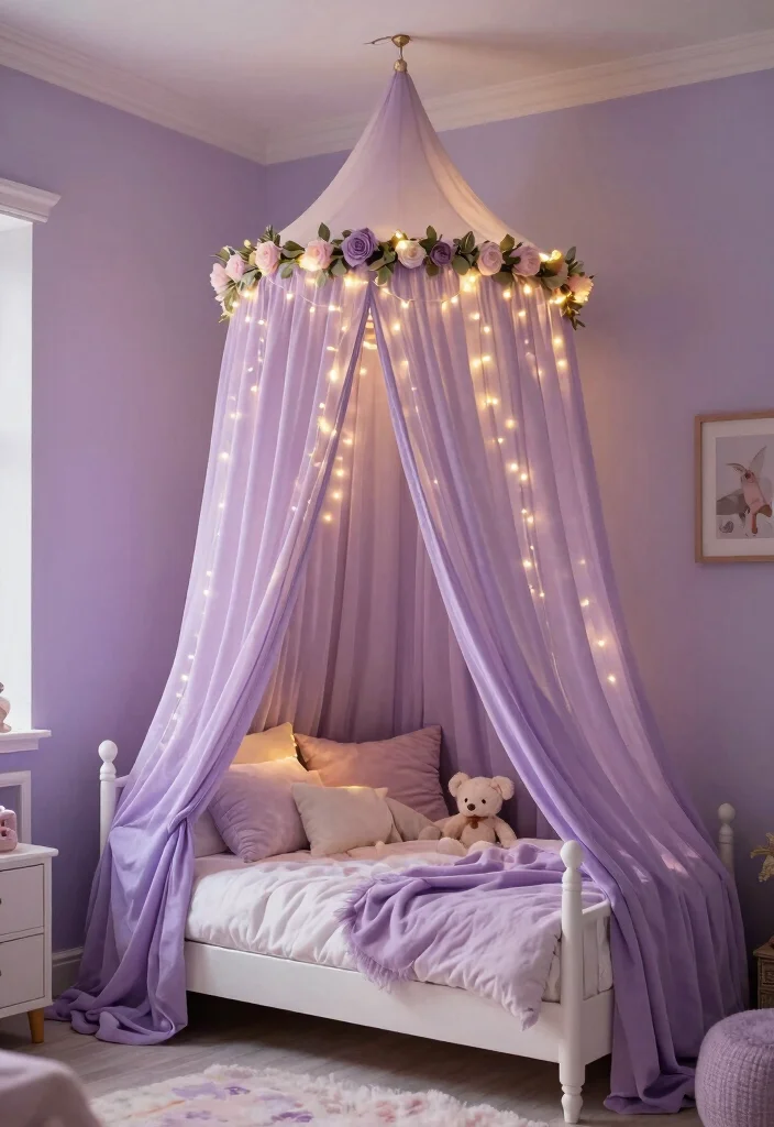 14 Toddler Girl Lilac Bedroom Ideas With Soft Dreamy Tones - 11. Magical Canopy