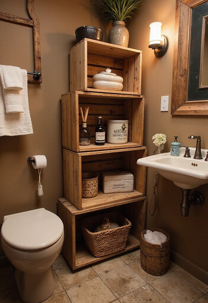 14 Western Bathroom Decor Ideas for a Country Look - 11. Vintage Wooden Crates