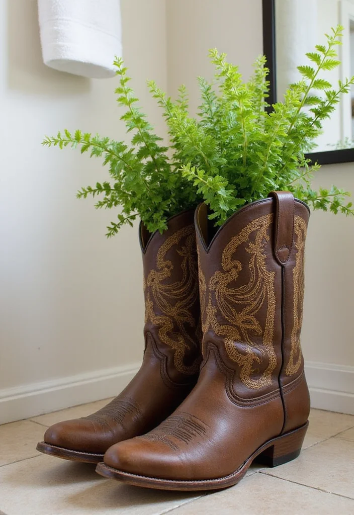 14 Western Bathroom Decor Ideas for a Country Look - 2. Cowboy Boots as Planters