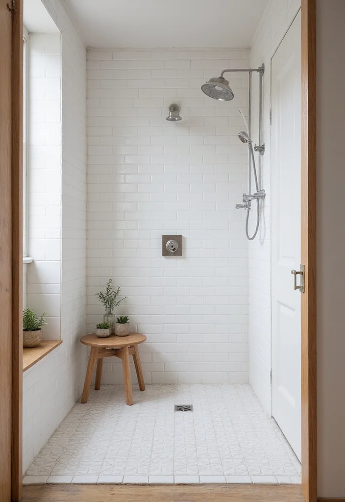 14 White Square Tile Bathroom Ideas for Minimal Spaces - 10. White Square Tiles with Light Wood Accents