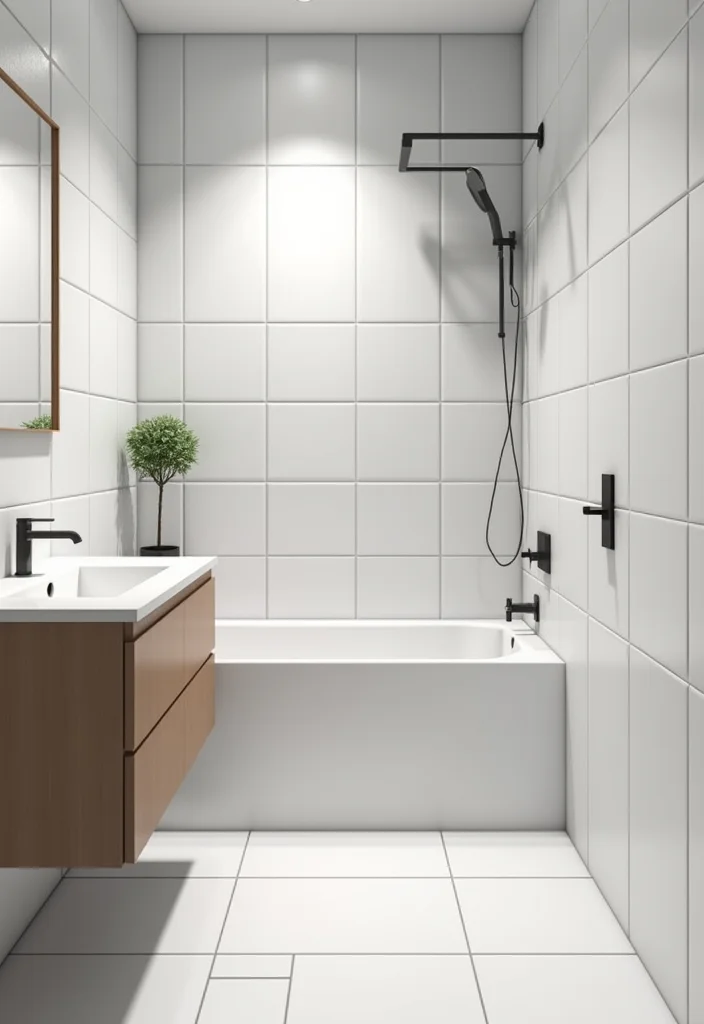 14 White Square Tile Bathroom Ideas for Minimal Spaces - 11. White Square Tiles with Modern Lighting