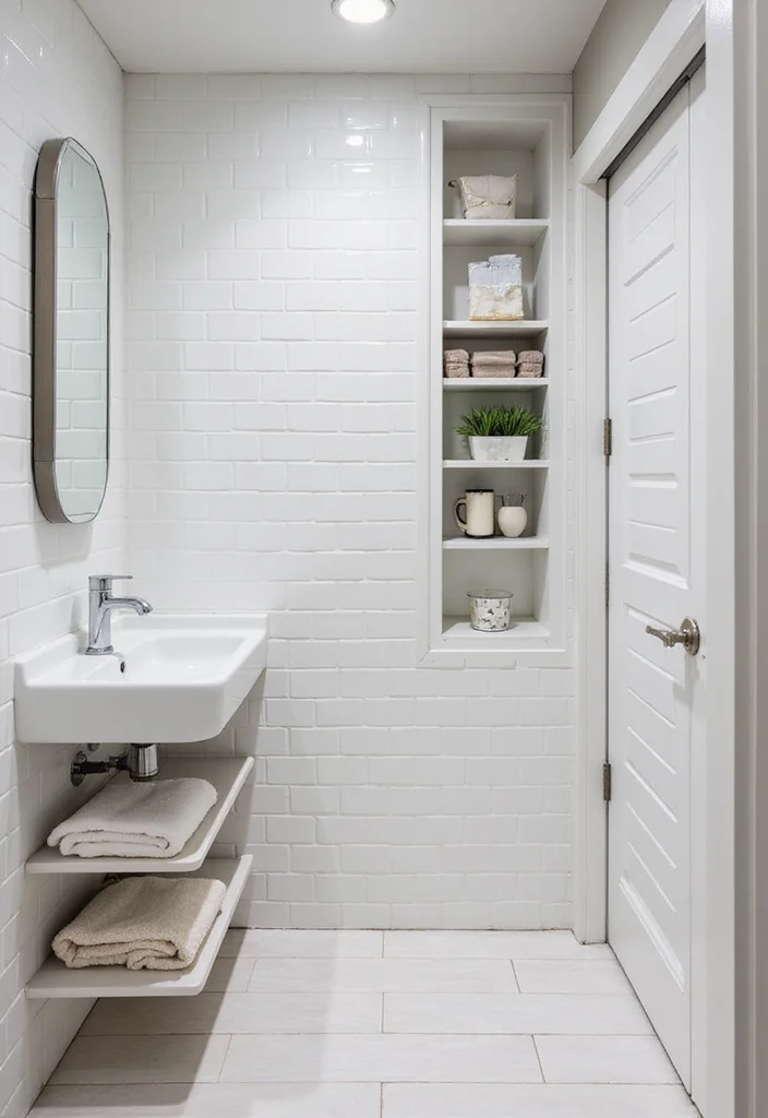 14 White Square Tile Bathroom Ideas for Minimal Spaces - 13. White Square Tiles with Creative Storage Solutions