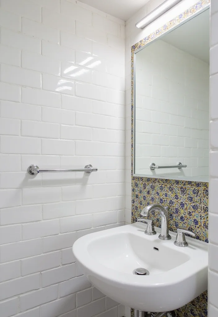 14 White Square Tile Bathroom Ideas for Minimal Spaces - 3. White Square Tiles with Patterned Accents