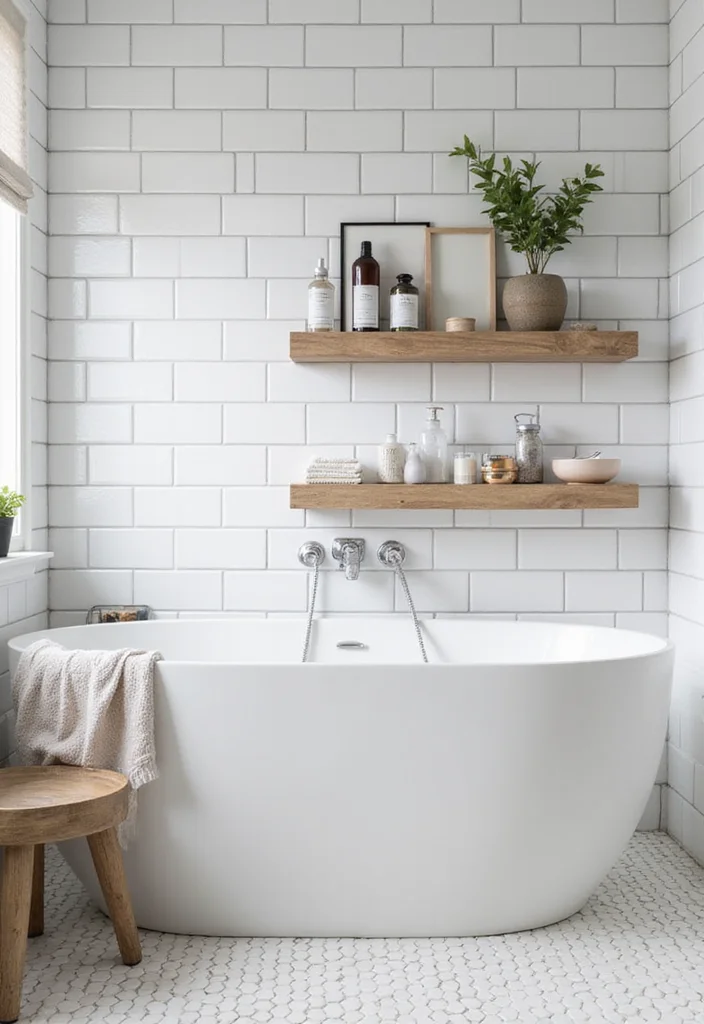 14 White Square Tile Bathroom Ideas for Minimal Spaces - 6. White Square Tiles with Floating Shelves