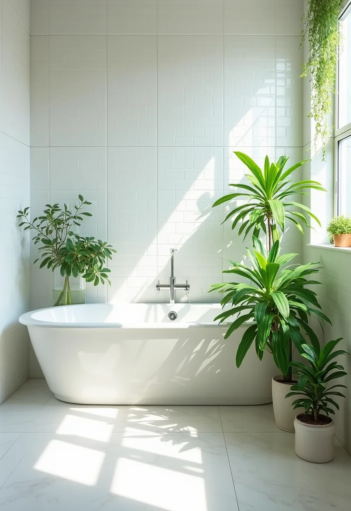 14 White Square Tile Bathroom Ideas for Minimal Spaces - 9. White Square Tiles with Greenery