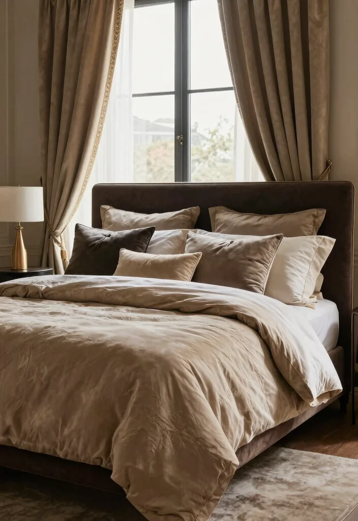 15 Dark Brown Bed Frame Modern Luxury Bedroom Ideas - 5. Layer with Luxurious Fabrics