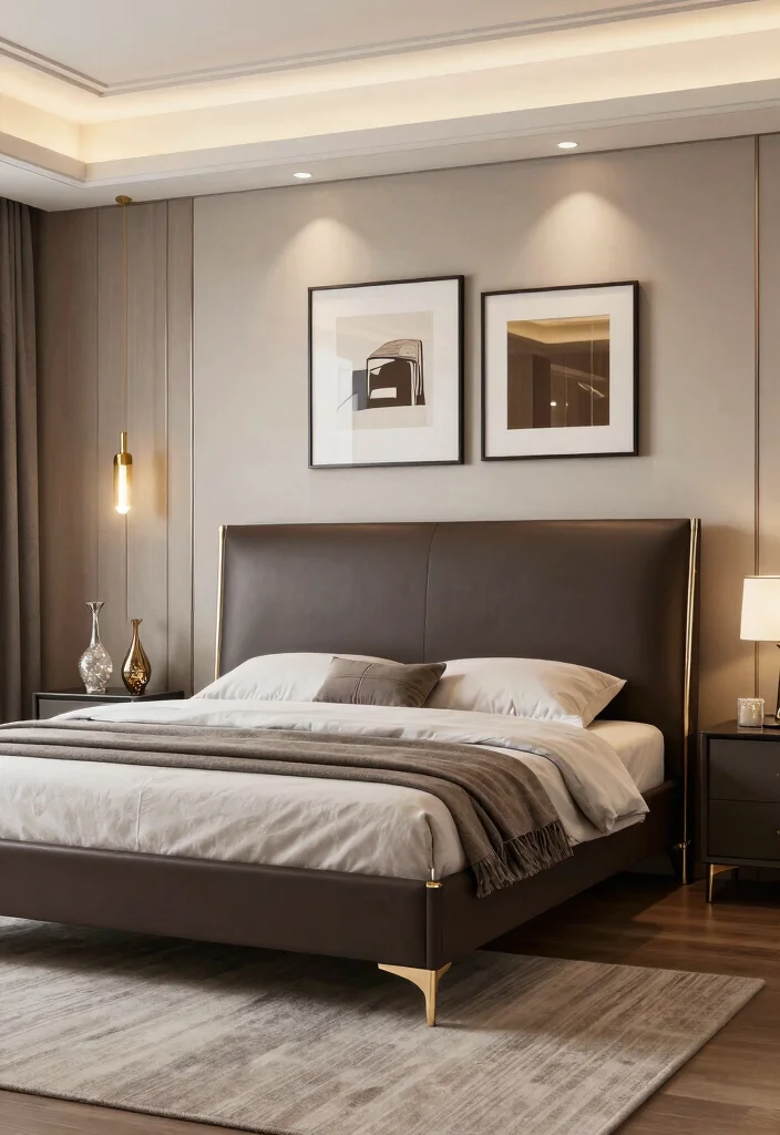 15 Dark Brown Bed Frame Modern Luxury Bedroom Ideas - 6. Accent with Metallic Touches