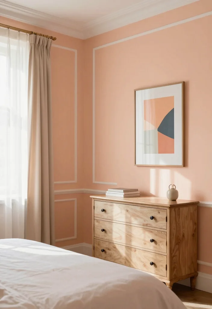 15 Peach Colour Luxury Bedroom Ideas That Feel Sophisticated - 1. Soft Peach Walls with White Trim