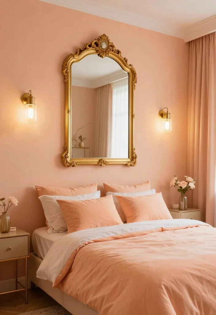 15 Peach Colour Luxury Bedroom Ideas That Feel Sophisticated - 10. Touches of Gold and Glamour