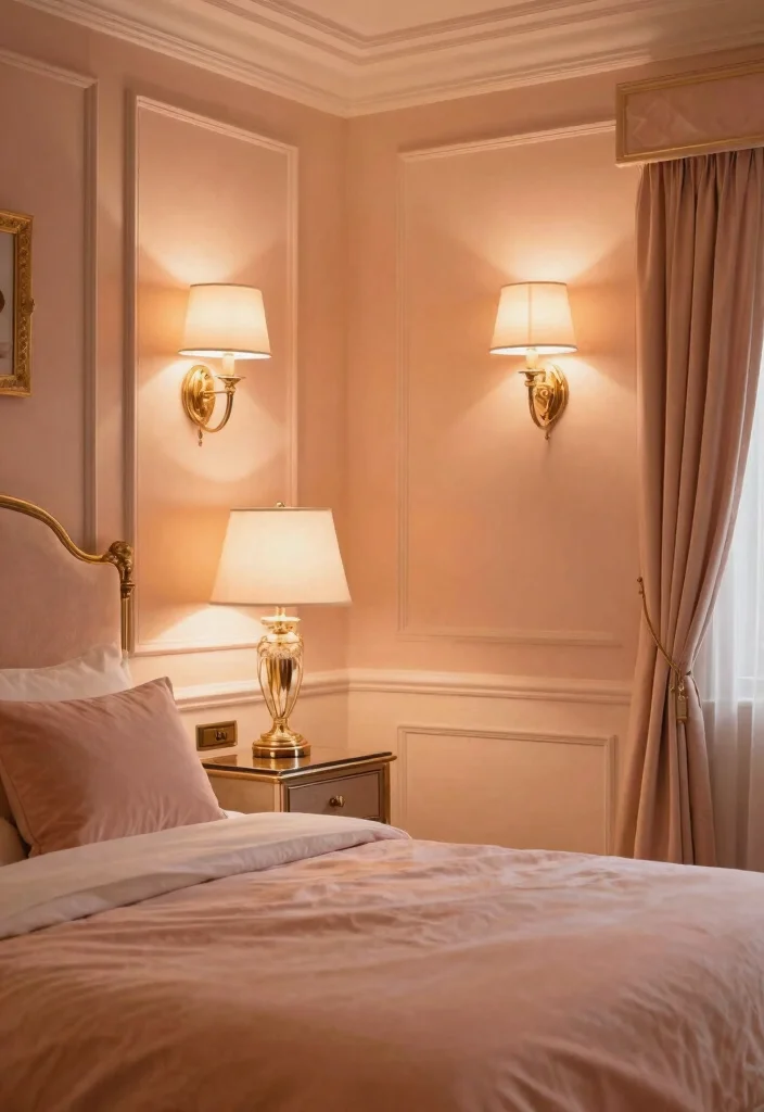 15 Peach Colour Luxury Bedroom Ideas That Feel Sophisticated - 12. Soft Lighting for Ambiance