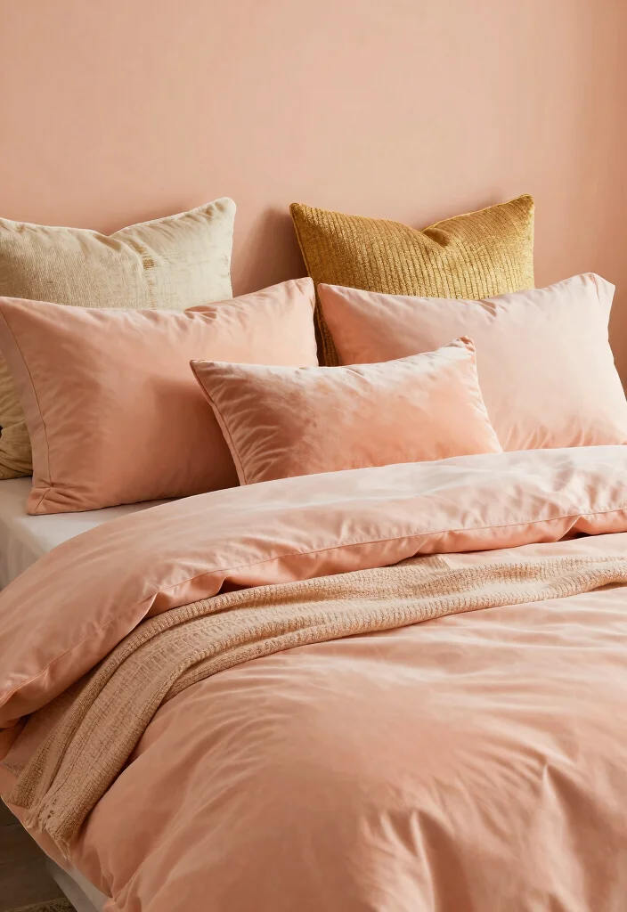 15 Peach Colour Luxury Bedroom Ideas That Feel Sophisticated - 2. Peach Bedding with Textured Pillows