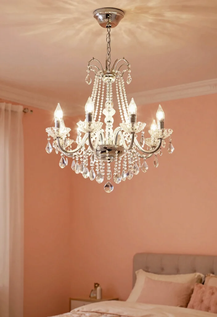 15 Peach Colour Luxury Bedroom Ideas That Feel Sophisticated - 3. Elegant Chandelier for a Touch of Glam