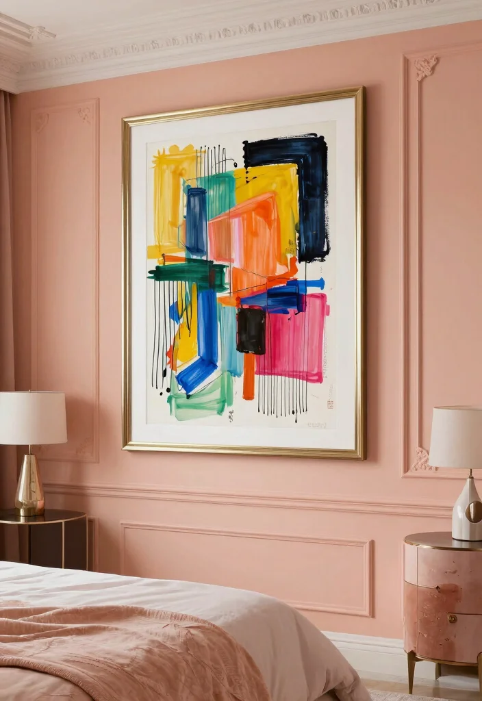 15 Peach Colour Luxury Bedroom Ideas That Feel Sophisticated - 5. Peach Hues with Bold Art