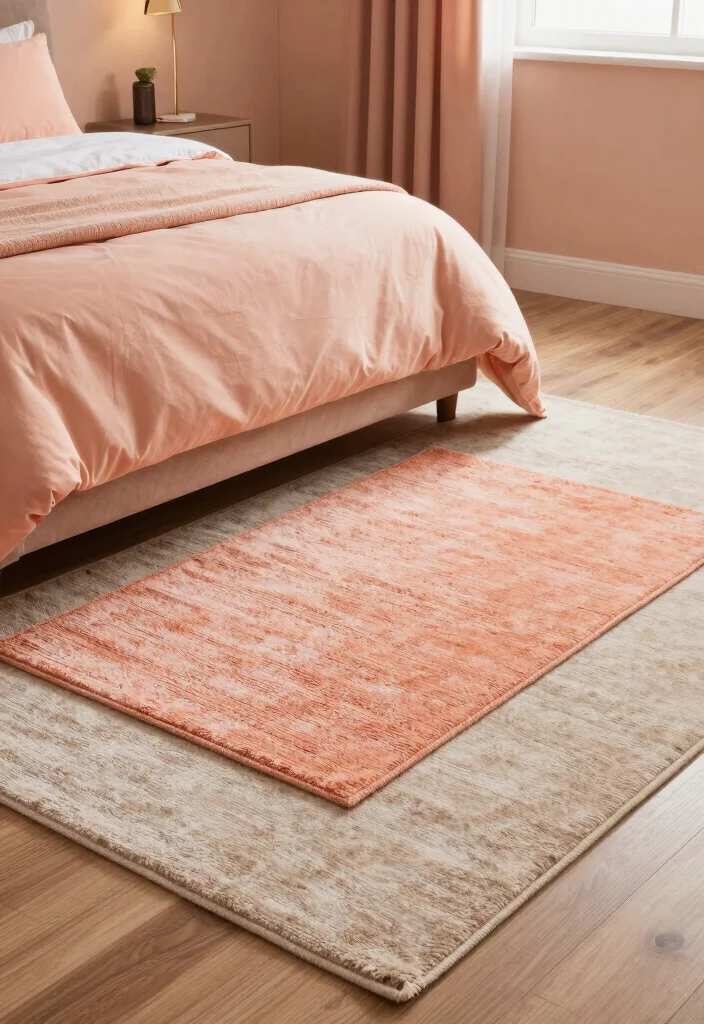 15 Peach Colour Luxury Bedroom Ideas That Feel Sophisticated - 6. Layered Rugs for Comfort and Style