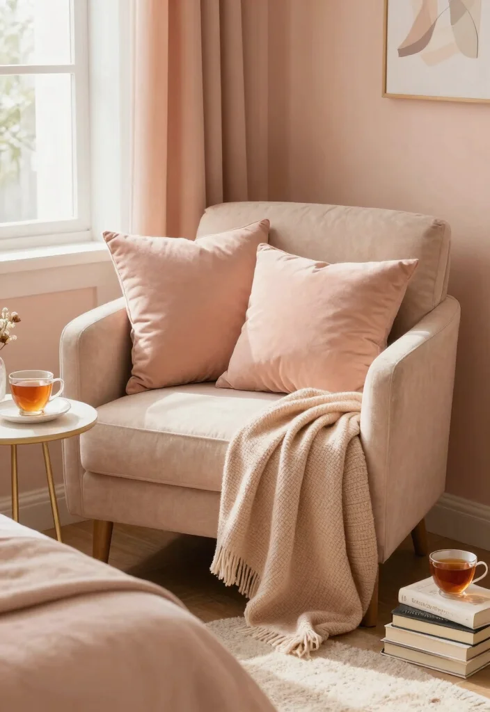 15 Peach Colour Luxury Bedroom Ideas That Feel Sophisticated - 8. Cozy Reading Nook with Peach Accents