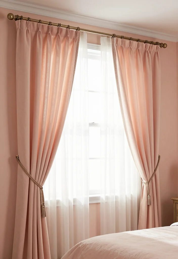 15 Peach Colour Luxury Bedroom Ideas That Feel Sophisticated - 9. Elegant Window Treatments