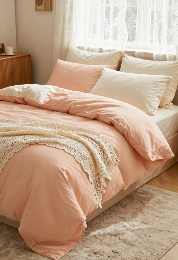 15 Peach Colour Vintage Bedroom Ideas With Romantic Charm - 1. Soft Peach and Cream Layers