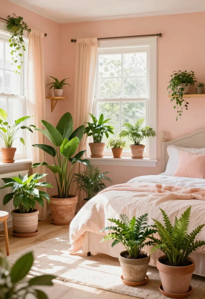 15 Peach Colour Vintage Bedroom Ideas With Romantic Charm - 11. Potted Plants